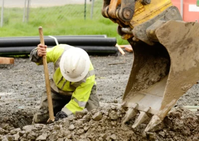 A construction worker in a yellow reflective jacket digs into gravel with a wooden stick, while an excavator bucket looms nearby.